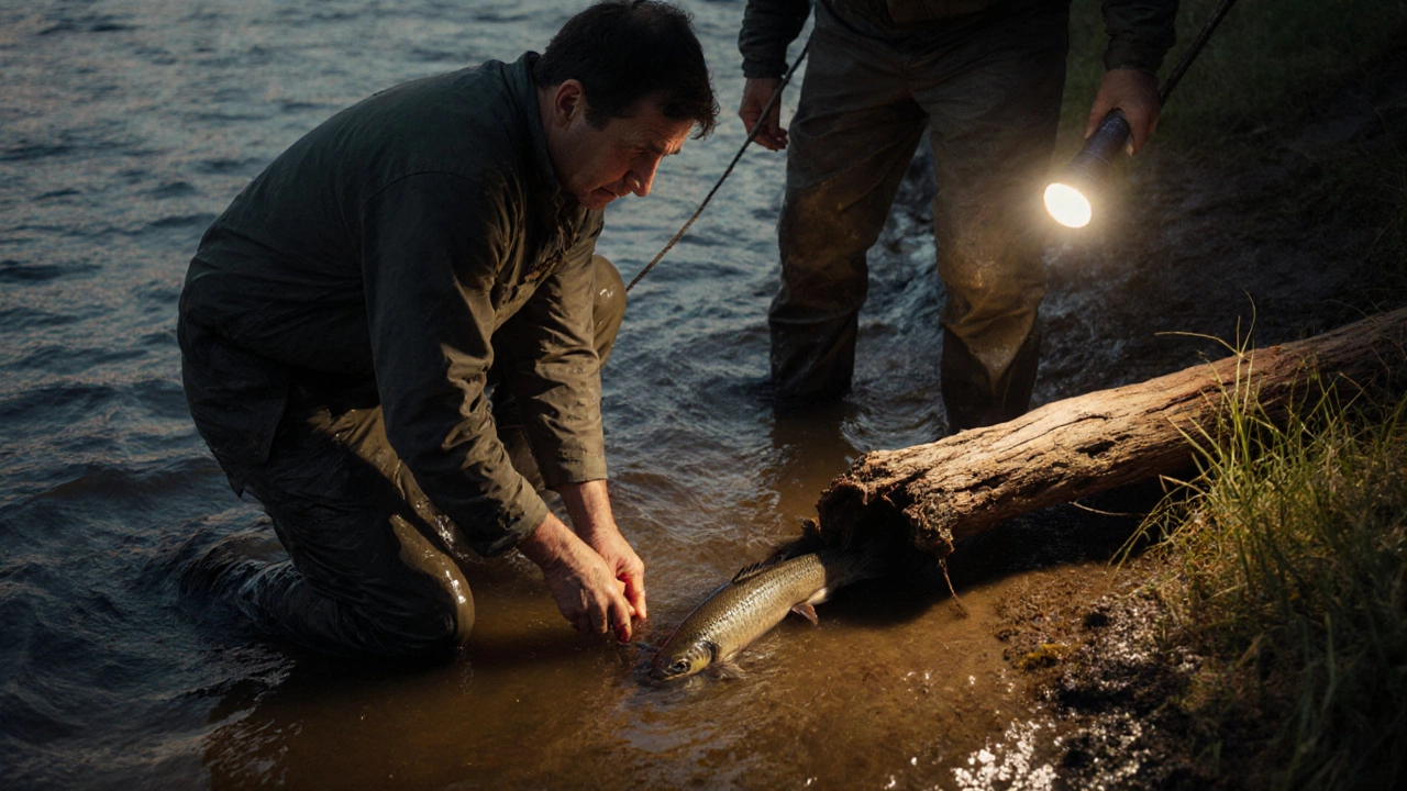 Два рыбака на берегу реки Дон: один ловит руками, другой помогает.