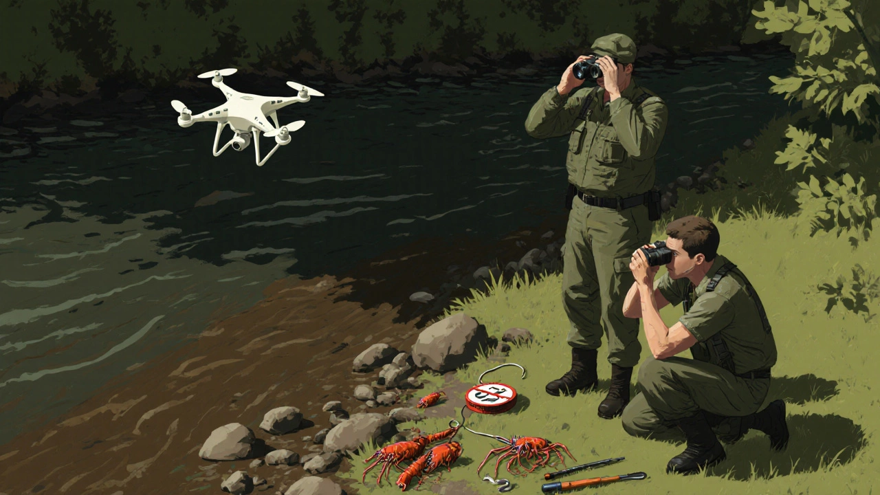 Инспектор с дроном конфискует незаконные снасти у нарушителя при ловле раков.