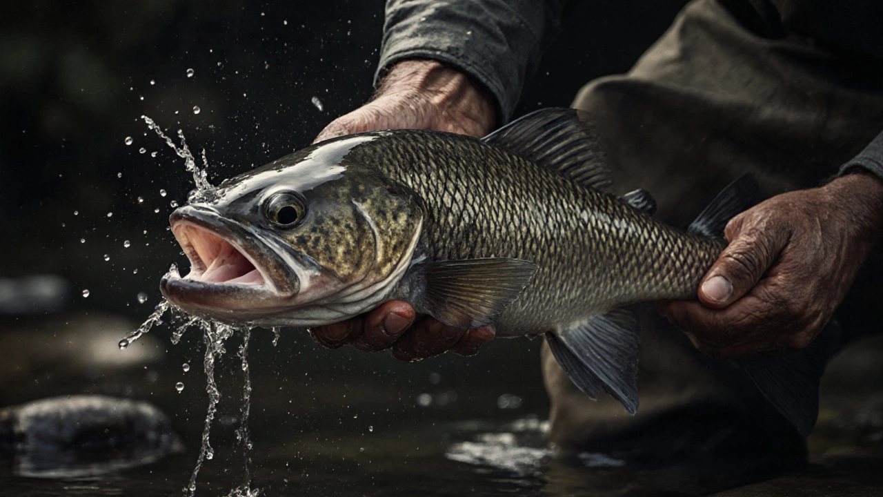 Рука держит крупного сома за жабры, вода брызжет.