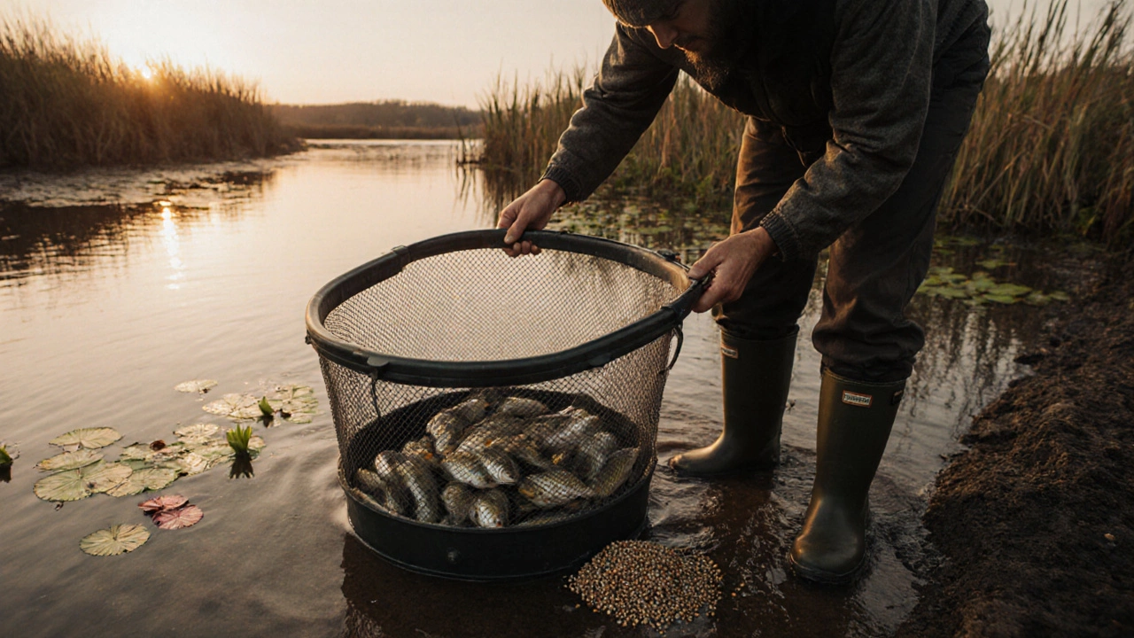 Рыбак вытаскивает современную пластиковую ловушку с уловом из реки.