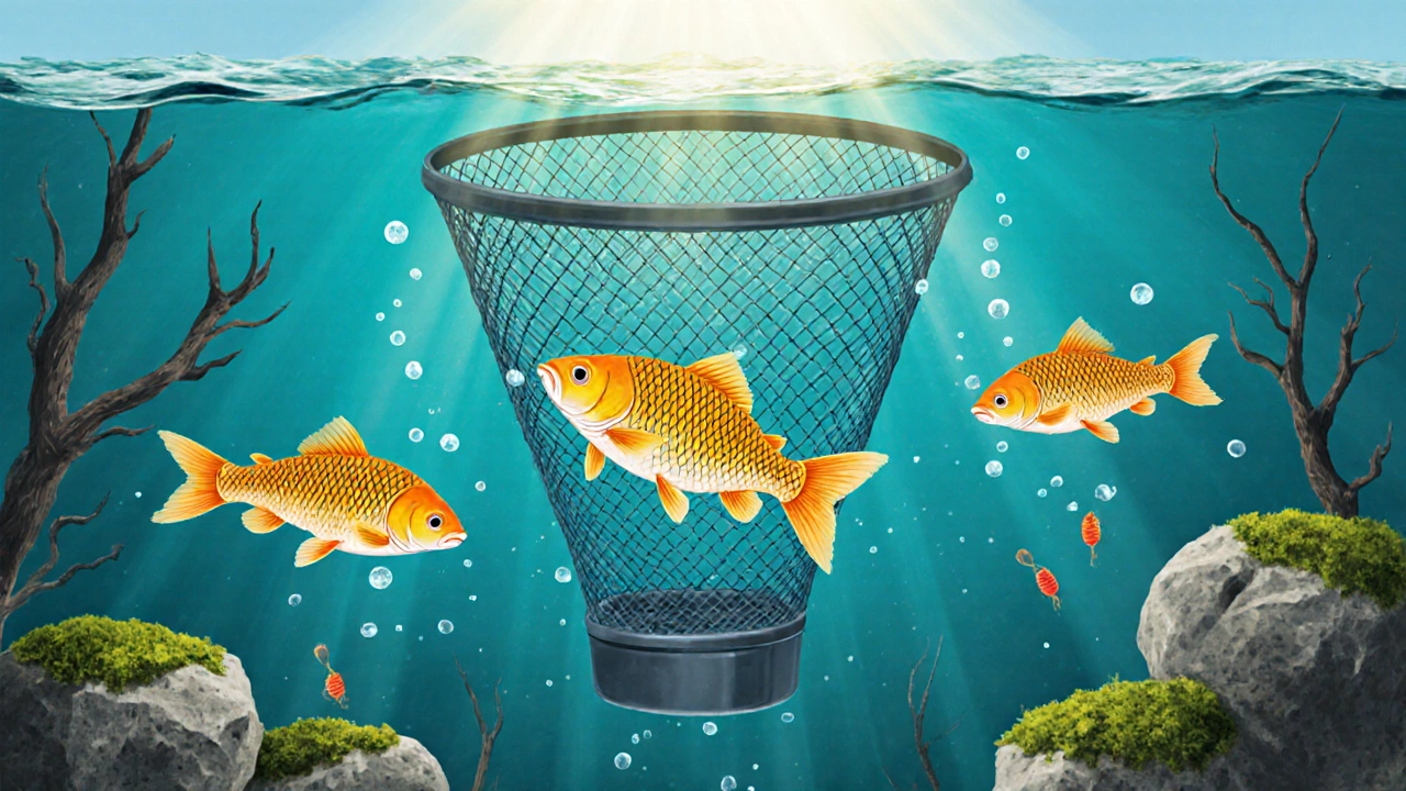 Схема работы рыболовной ловушки: рыба заходит через воронку, но не может выйти.