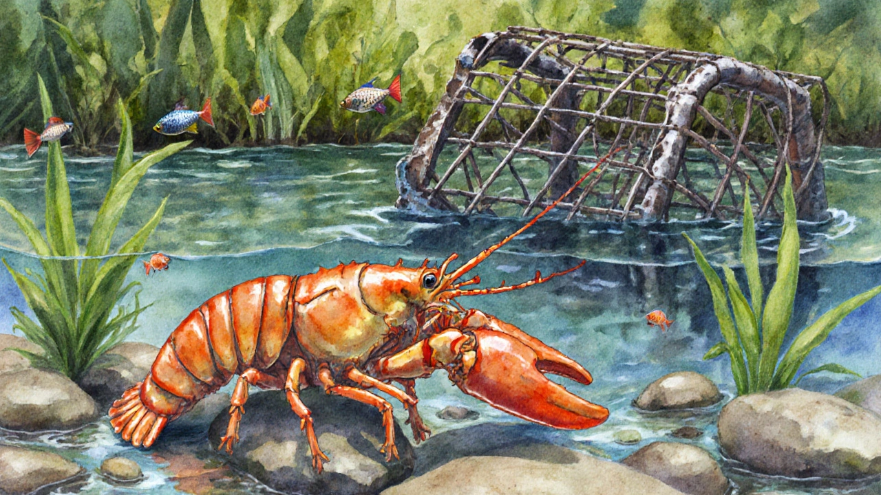 Здоровая экосистема с раками на дне реки против загрязнённой зоны с разрушенными ловушками.