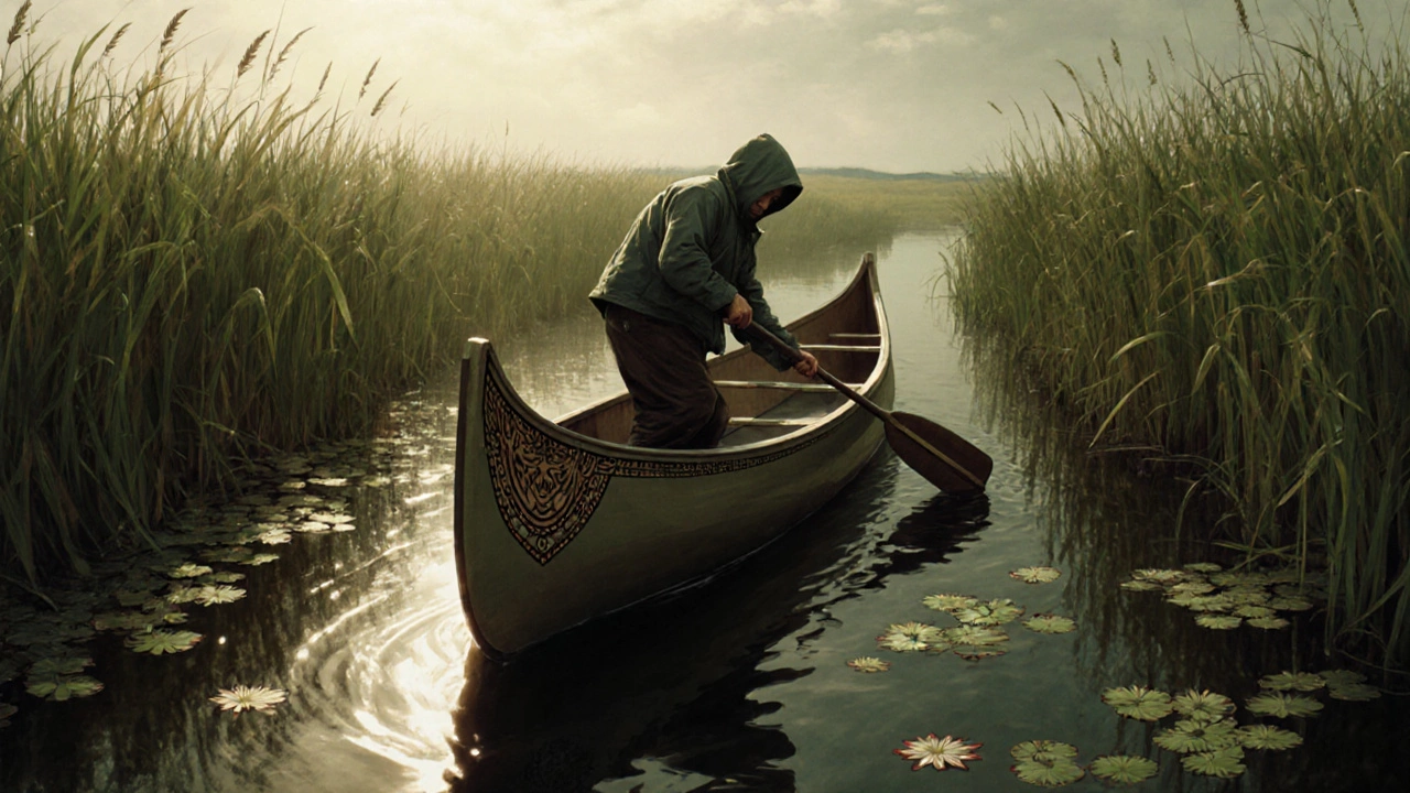 Байдарка проплывает сквозь камыши в северной реке, рыбак в капюшоне гребёт.
