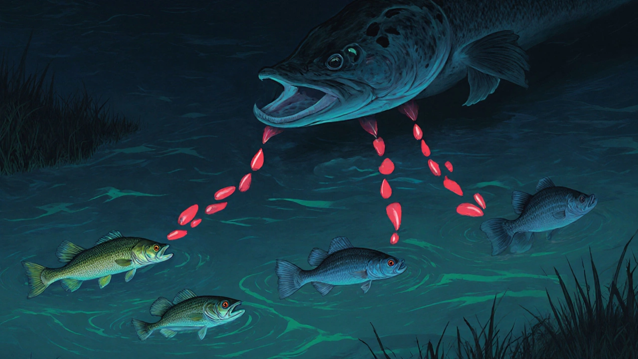 Цепочка питания в реке: мелкая рыба → окунь → щука, с красными каплями ртути, движущимися вверх.