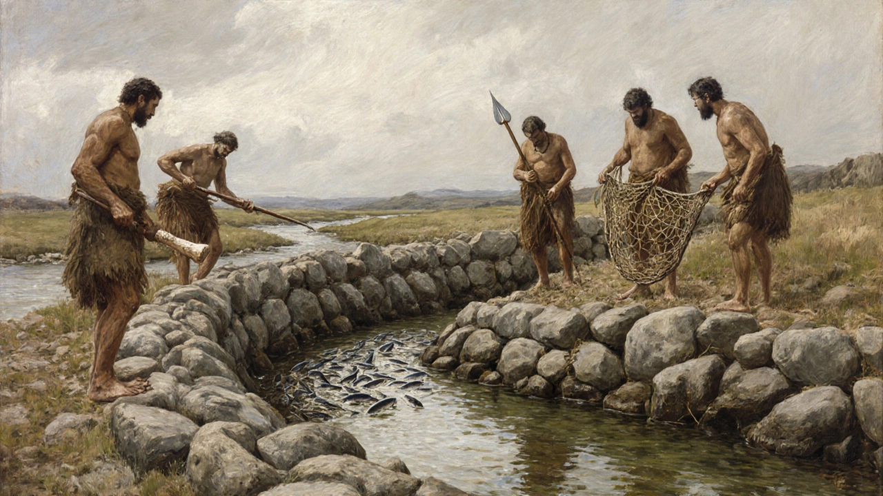 Каменная ловушка для рыбы, построенная вдоль берега реки.