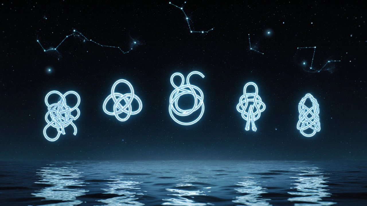 Пять рыболовных узлов светятся в воздухе, каждый с указанием прочности.