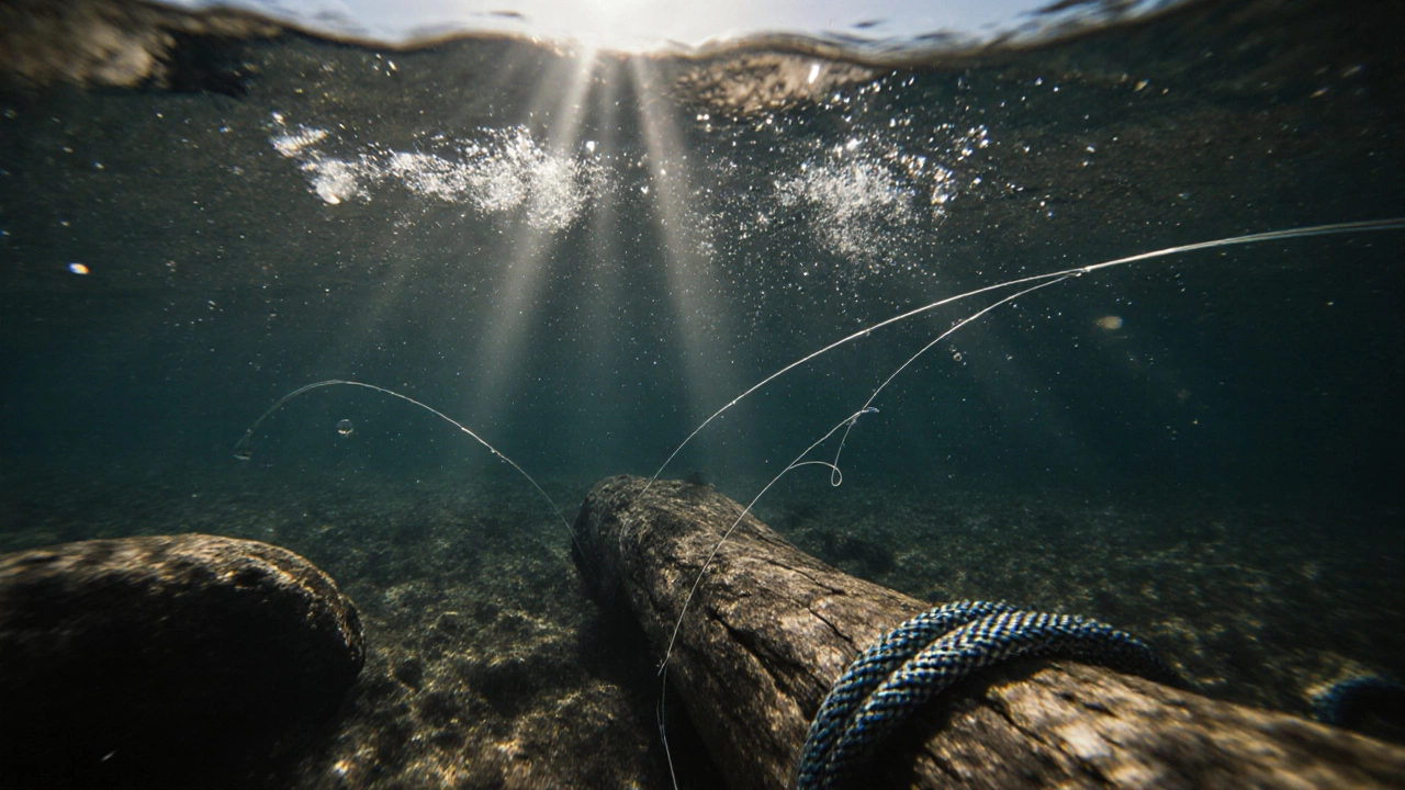 Подводный вид трех типов лесок: монофиламент рвется, флюорокарбон выдерживает, плетенка с переходом.