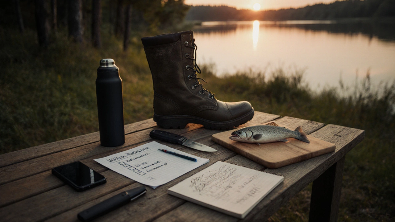 После рыбалки: список, термос, нож и записная книжка на деревянном столе при закате.