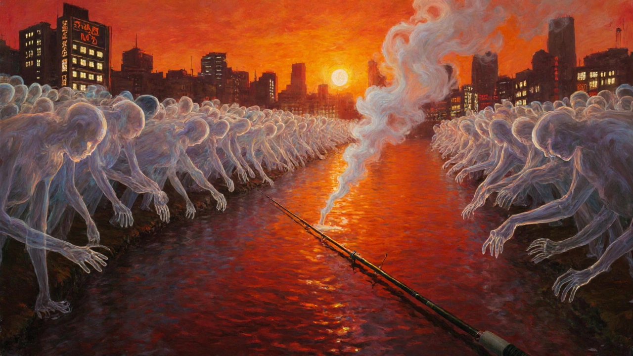 Пустой берег реки при закате: одинокая удочка на земле, а в воздухе — прозрачные силуэты людей, тянущихся к воде.