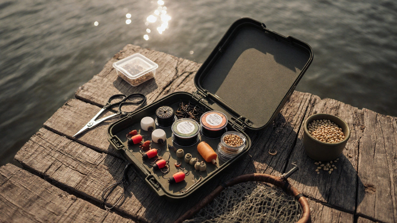 Раскрытая рыболовная сумка с леской, крючками, поплавками, грузилами и наживками.