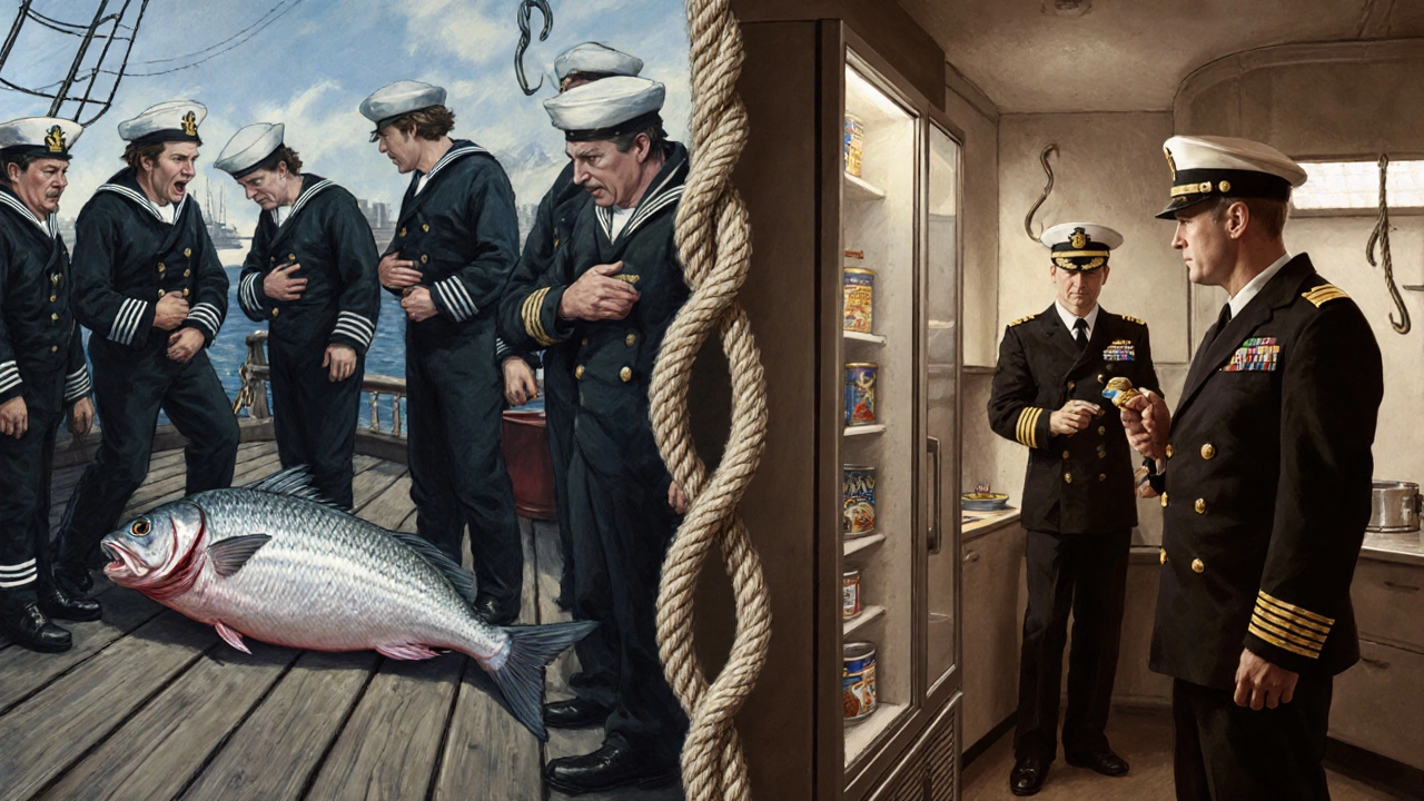 Разделённая сцена: слева — гниющая рыба и больные моряки, справа — современные офицеры едят консервы из холодильника.