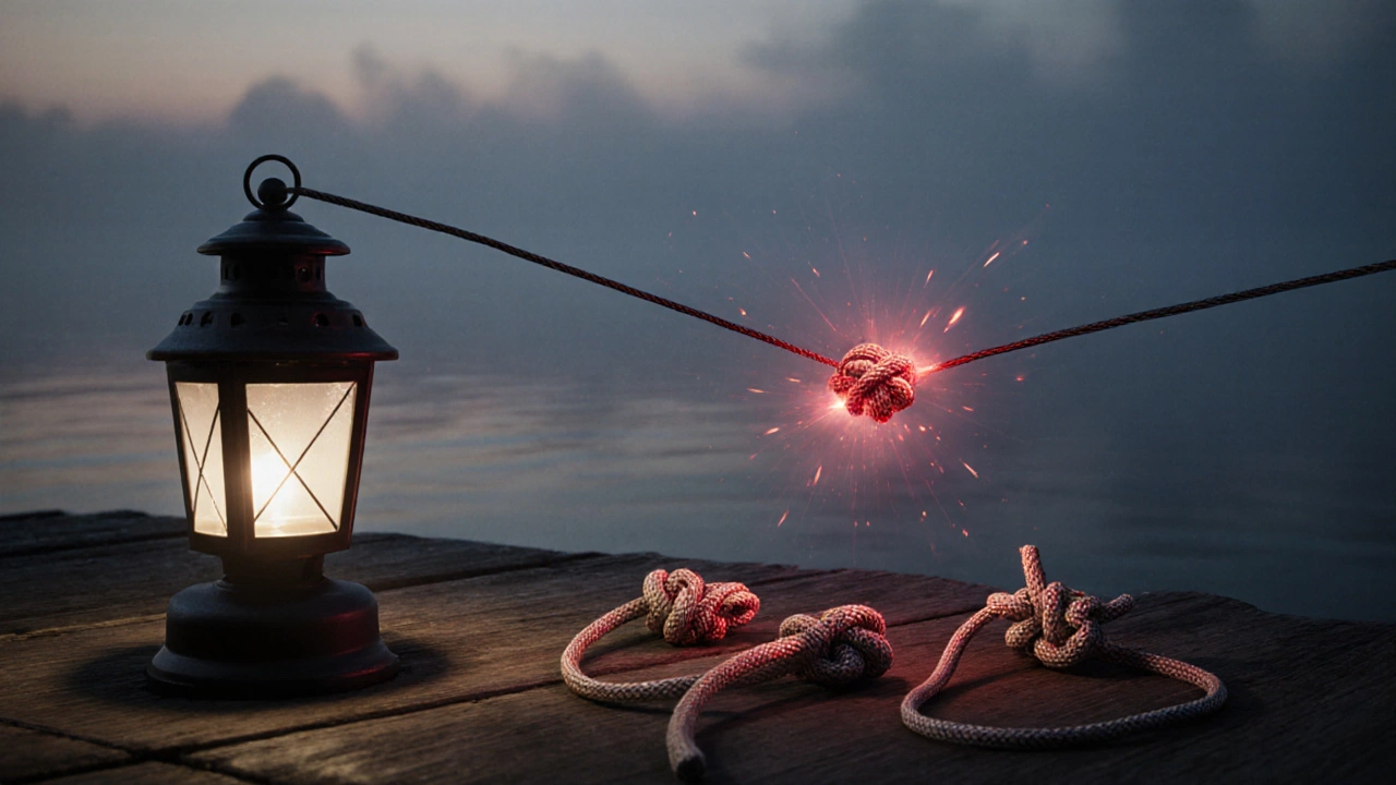 Разорвавшаяся леска с тремя причинами отказа узла, рядом — идеальные узлы.