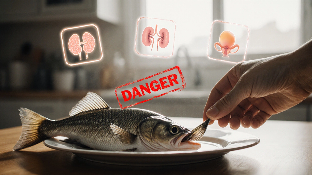 Рука кладёт маленькую сельдь на тарелку рядом с огромной щукой со знаком &#039;ОПАСНО&#039;.