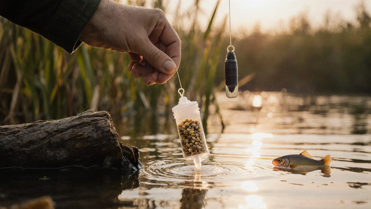 Рука опускает кормушку в воду, рядом с ней плывут рыбы к наживке.