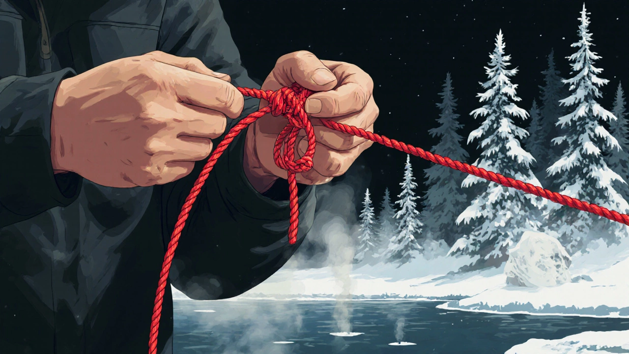 Руки рыбака завязывают узел Паломар на плетёнке в лесу.