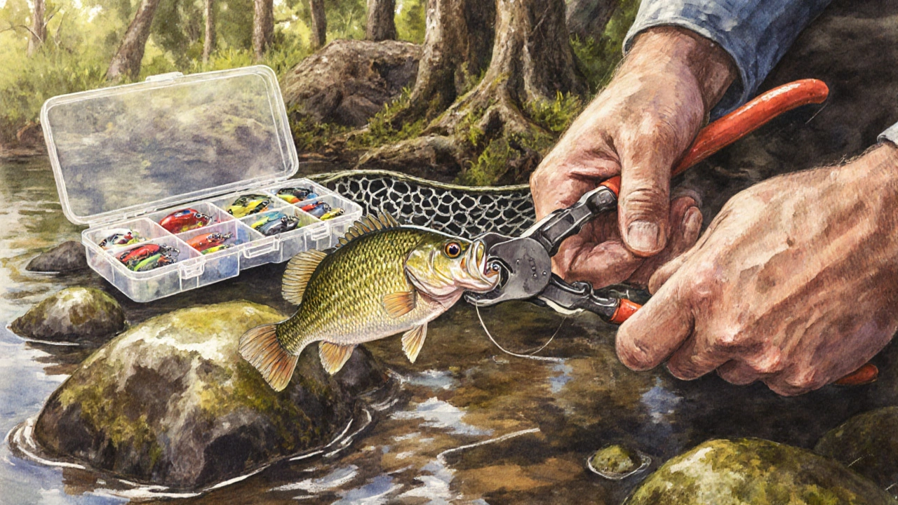 Руки с клещами снимают крючок с окуня, на фоне видны поводок и приманки в коробке.