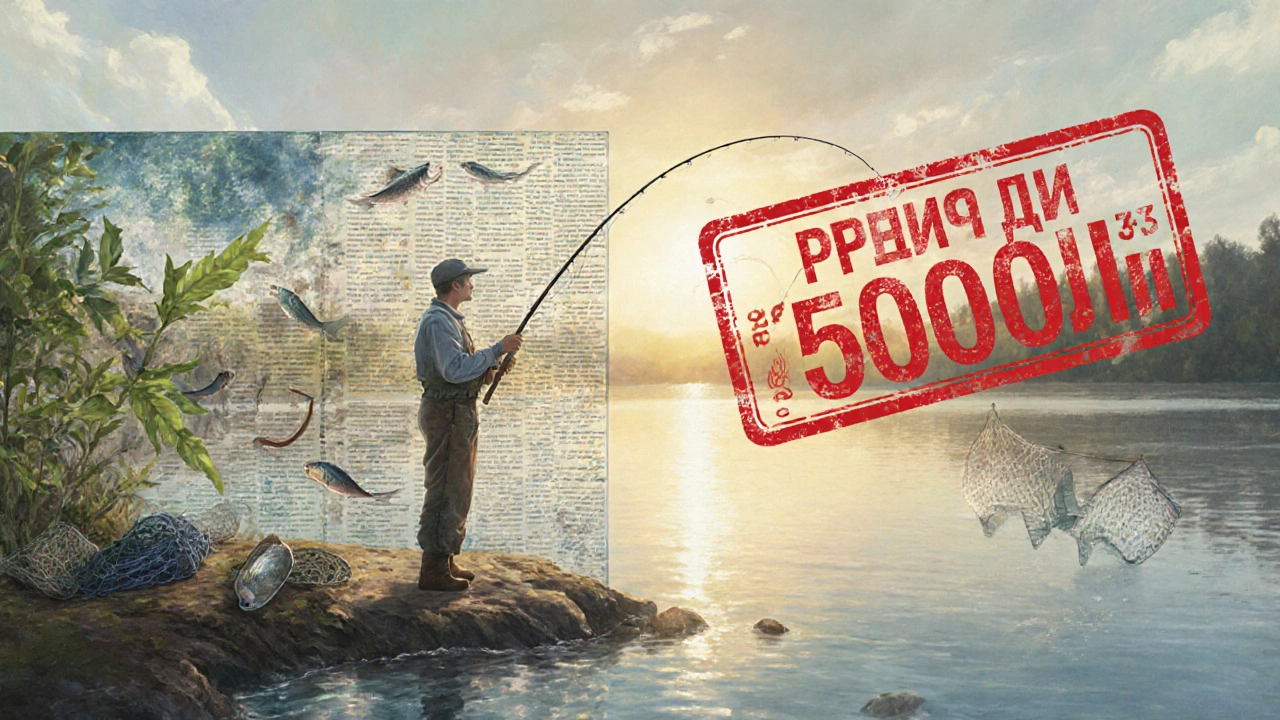 Рыбак на фоне прозрачной правовой барьерной стены, разделенной на легальную и нелегальную зоны.