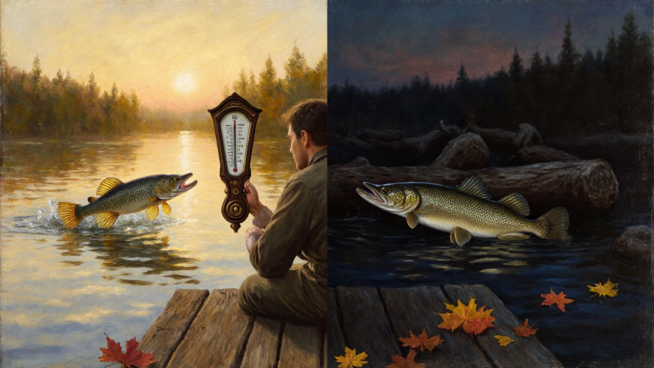 Рыбак смотрит на барометр, за ним — два мира: активная щука на мелководье и спрятавшаяся в глубине.