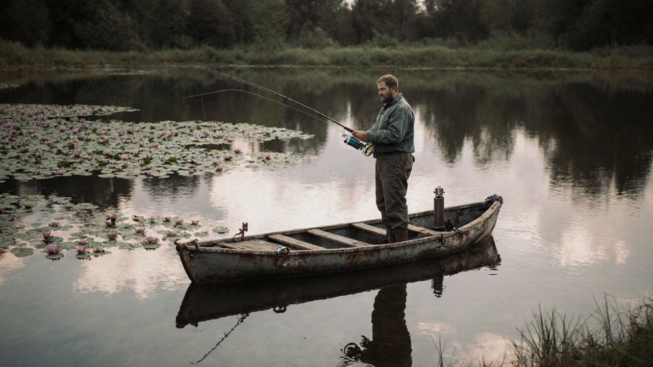 Рыбак стоит в гребной лодке на пруду, держит удочку, вода спокойна.
