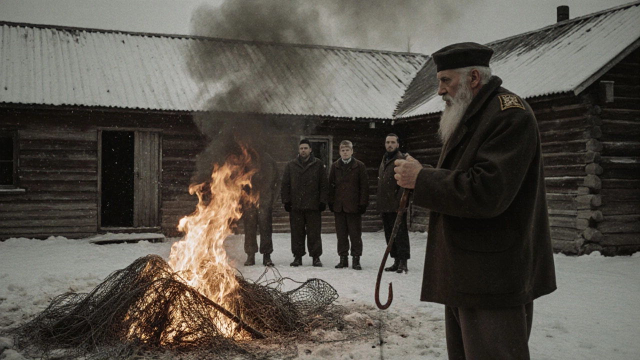 Советские солдаты сжигают рыболовные сети во дворе деревни, жители молча наблюдают за этим издалека.