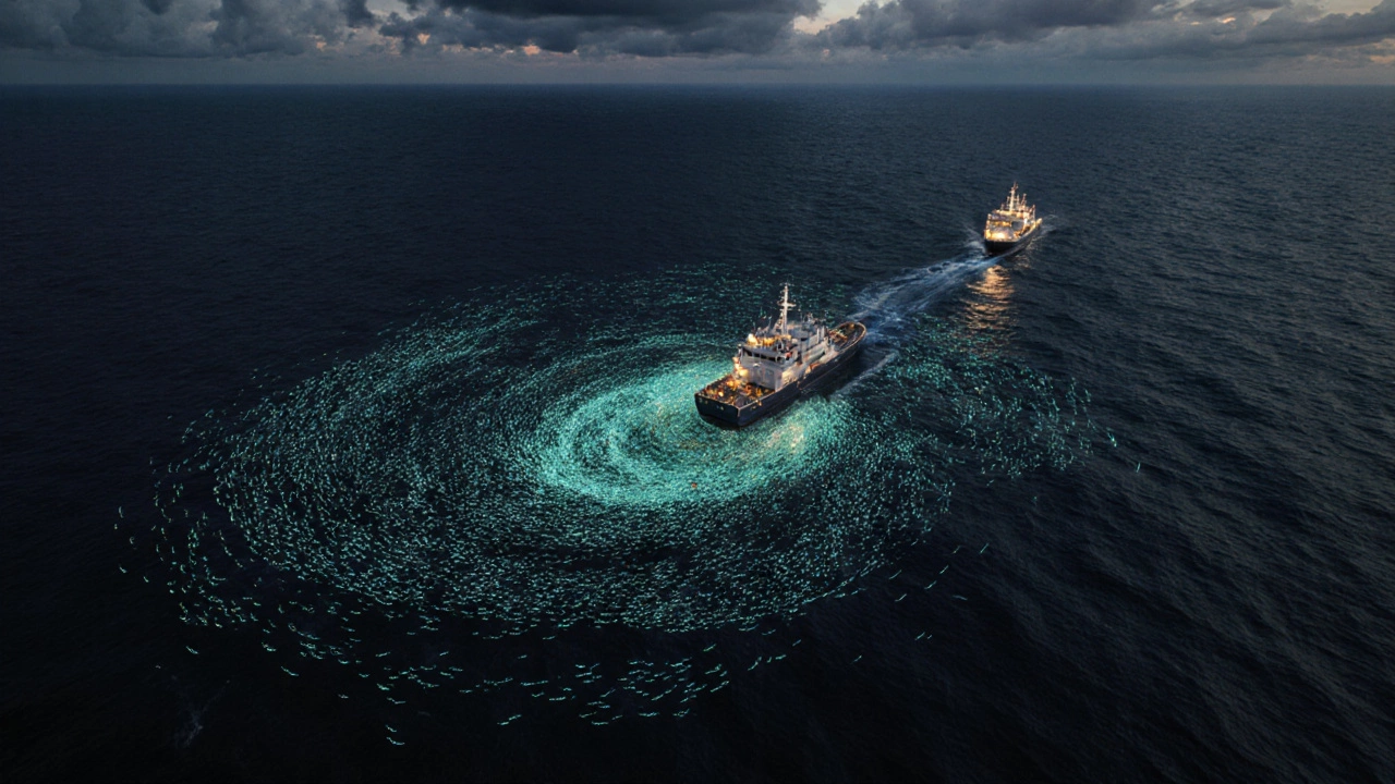 Современные рыболовные суда в Тихом океане ловят косяк сардин с помощью спутниковых данных.