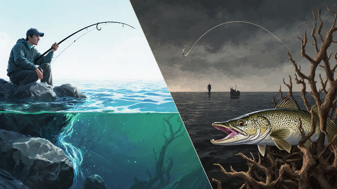 Сравнение: порванный монофиламент на камнях и прочный флюорокарбон рядом с зубами щуки.