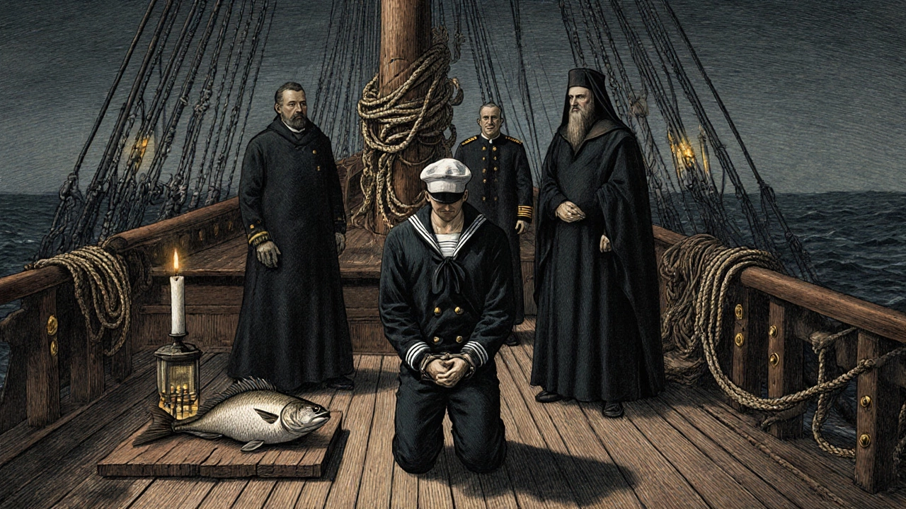 Судебный процесс на корабле: матрос наказан за ловлю рыбы, а гниющая рыба и запутанные верёвки — доказательства преступления.