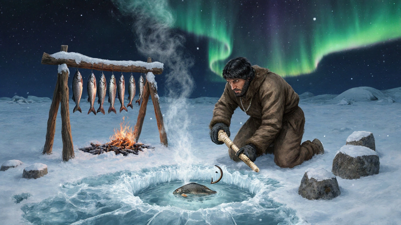 Зимняя рыбалка через лед: охотник с костяным буром и крючком.