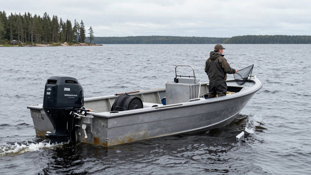 Алюминиевая лодка с мотором на большом озере в северной России, с волной за кормой и рыболовом на борту.