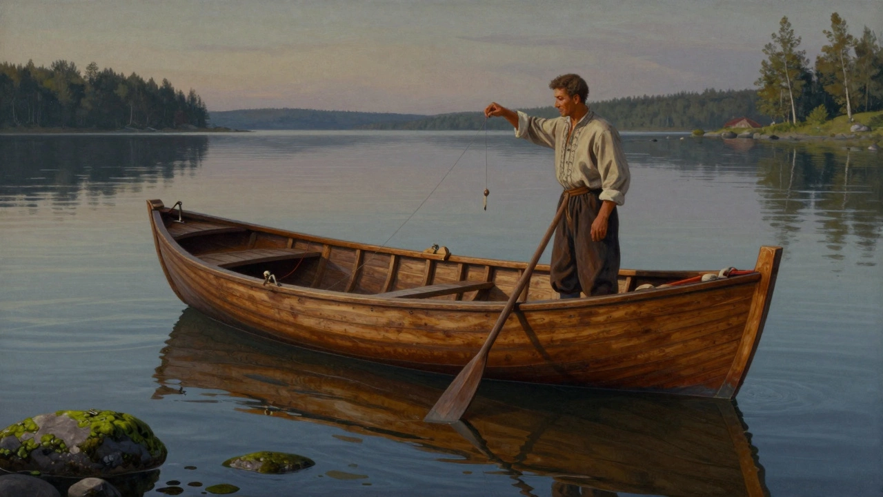 Деревянная лодка без мотора в тихой бухте на закате, рыбак опускает живца, отражение в воде.