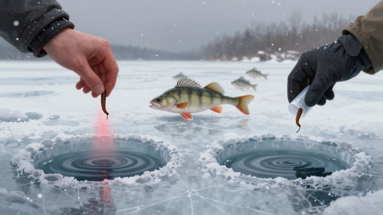 Две лунки: одна с запахом рук, другая — чистая. Рыба подходит только к той, где нет загрязнений.
