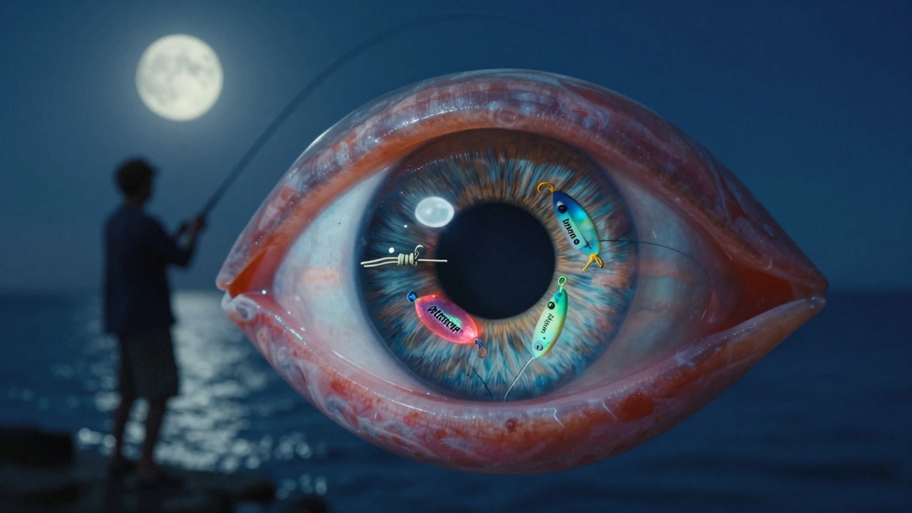 Глаз рыбы отражает три рыболовных узла — Паломар, Клинч и Аллея — на фоне лунного озера.