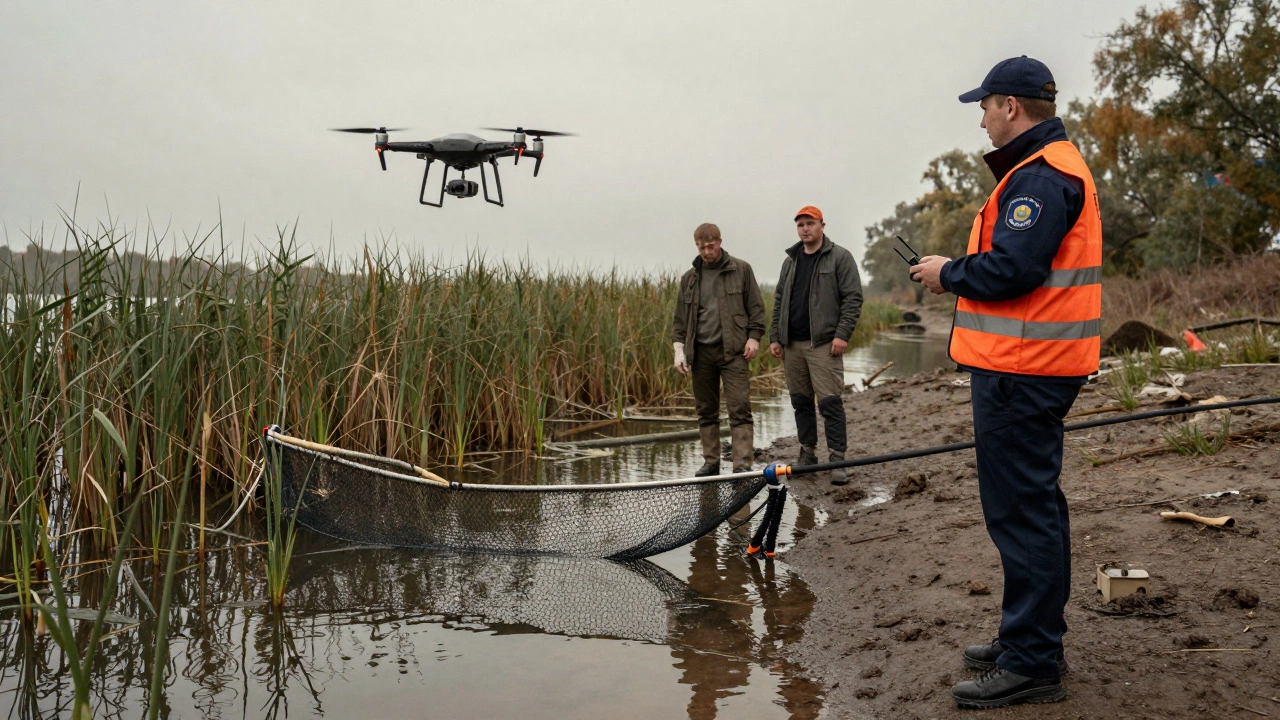 Инспектор контролирует нелегальную сеть с помощью дрона над рекой.