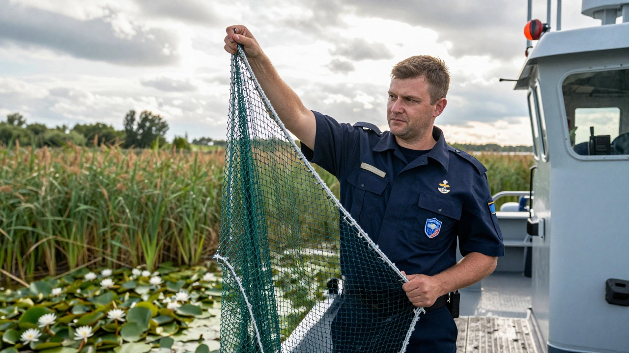 Инспектор Росрыболовства показывает изъятую сеть с мелкой ячейкой на патрульной лодке.