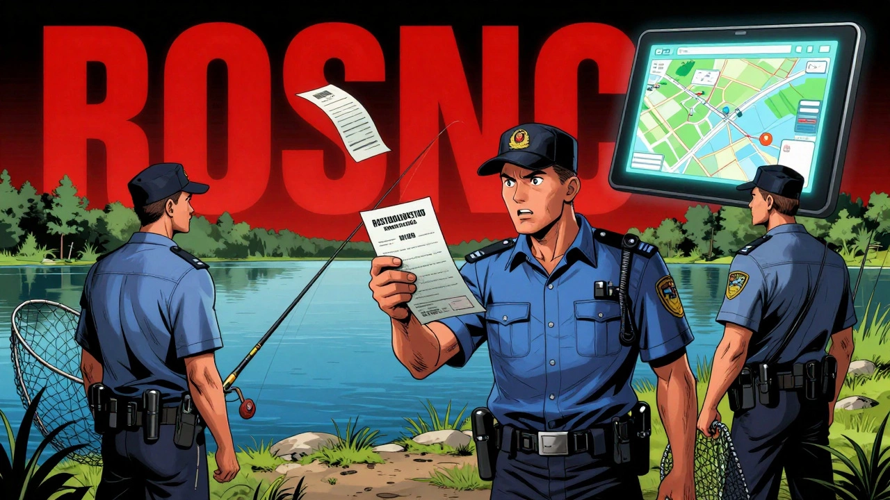 Инспектор рыбнадзора останавливает двух рыбаков у озера в Московской области, один показывает лицензию.