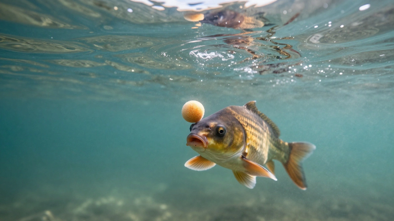 Карась подплывает к наживке под водой, свет проникает сквозь поверхность, вокруг — мягкие течения.