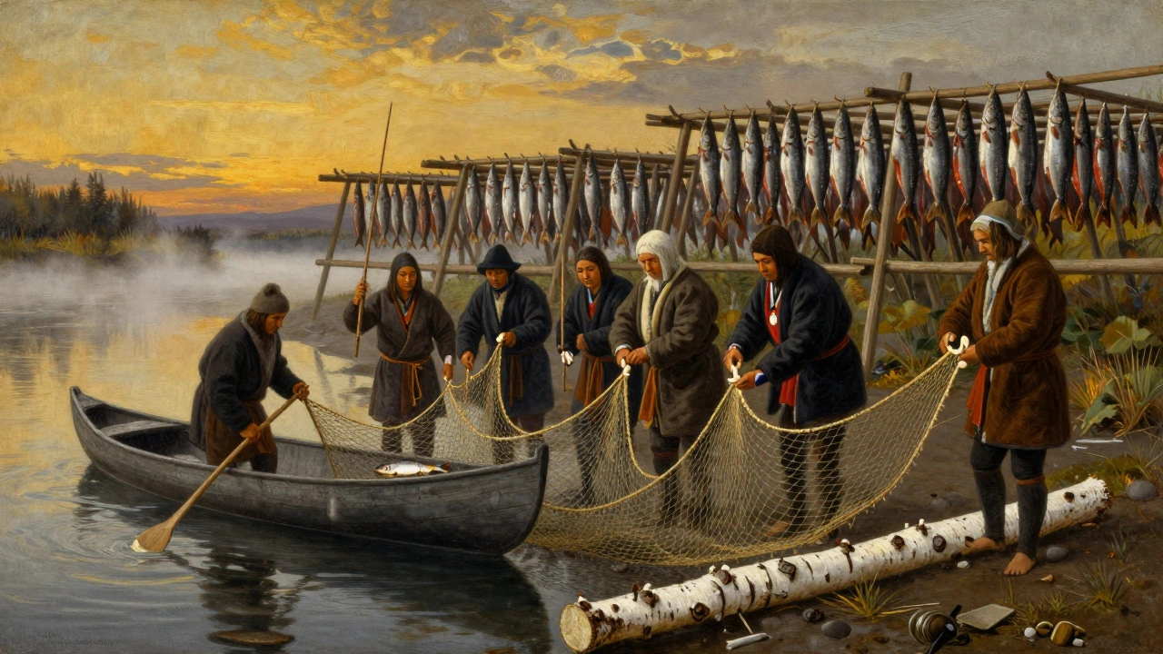 Коренные рыбаки ловят лосося в устье реки традиционными сетями на Дальнем Востоке.