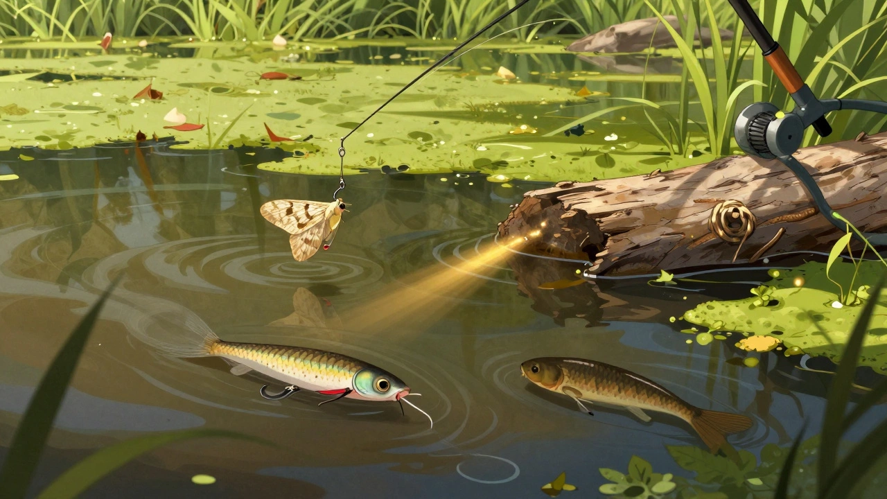 Летом карп клюёт на личинку моли, силиконовая приманка и живец в мутной воде.