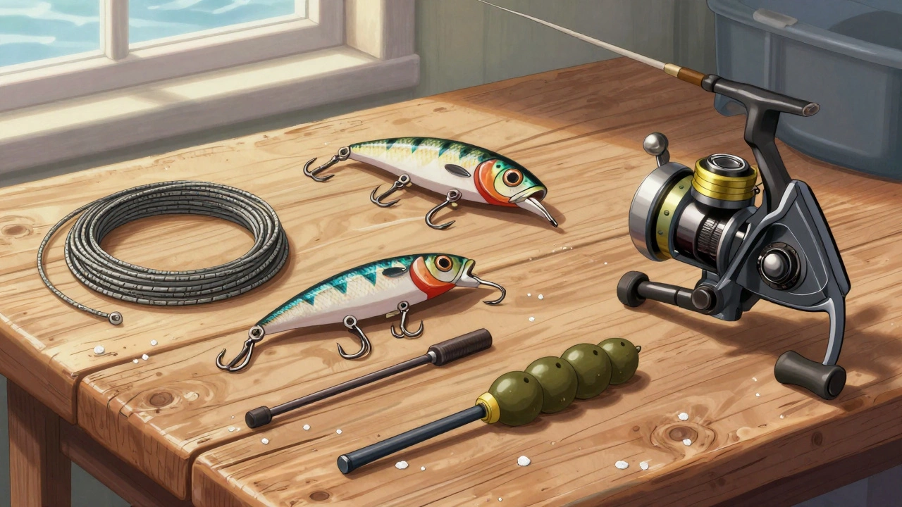 На деревянном столе разложены морские снасти: леска, крючки, грузила и катушка.