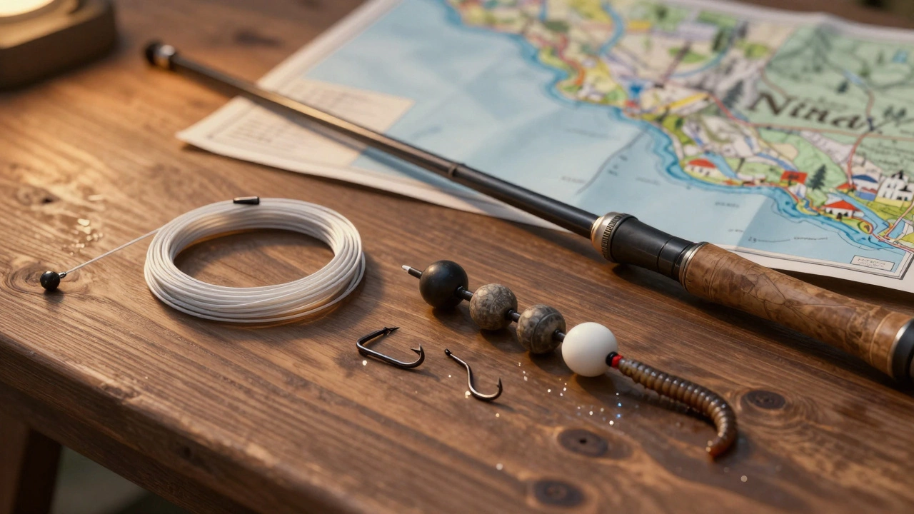 На деревянном столе собрана поплавочная снасть с грузилом, крючком и червём.