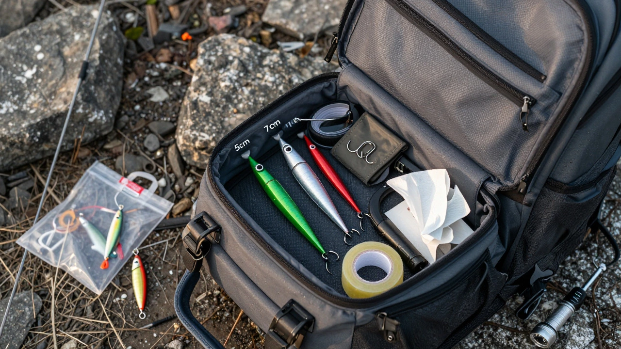 Открытый рюкзак с тремя виброхвостами, плетеной леской, запасными крючками, скотчем и фонариком — только необходимое.