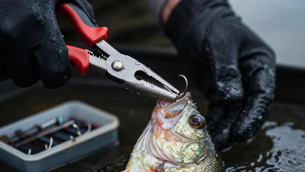 Плоскогубцы вытаскивают крючок изо рта окуня, капли воды на металле.