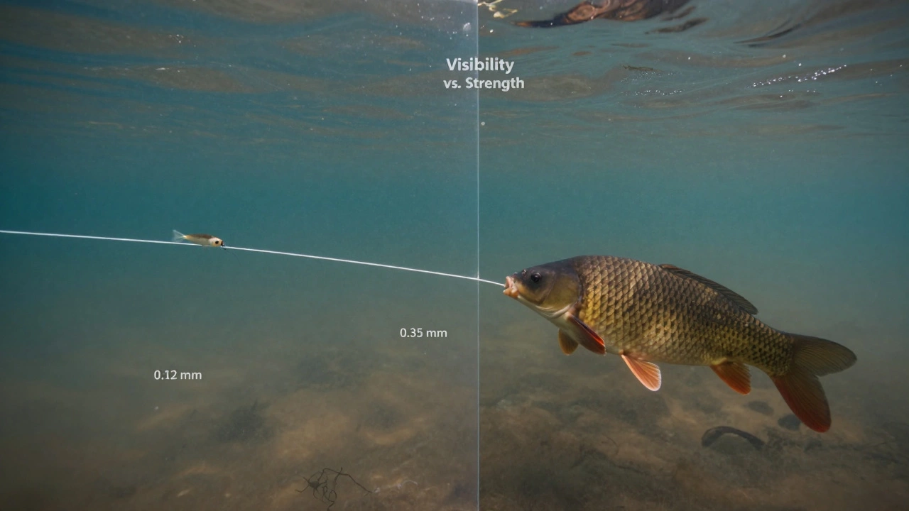 Подводная сцена: тонкая леска для окуня слева, толстая для карпа справа.