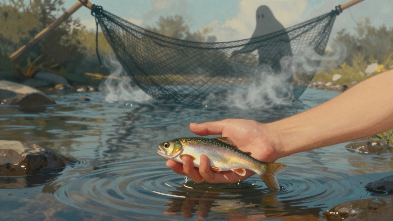 Ребёнок выпускает рыбку в реку, а за спиной тает чёрная сеть — символ защиты будущего.