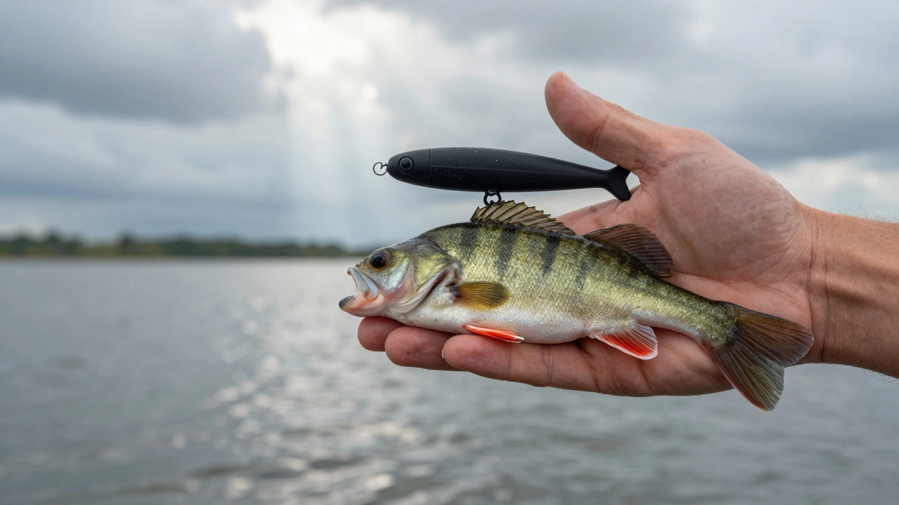 Рука держит силиконовую приманку и живую рыбку — контраст искусственного и натурального.
