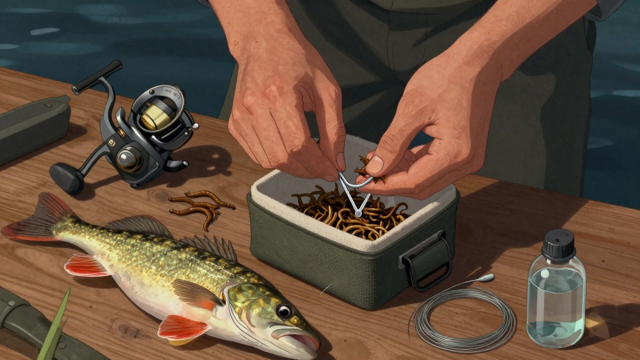 Руки рыбака с живым мотылем, стальным поводком и леской на деревянном столе.