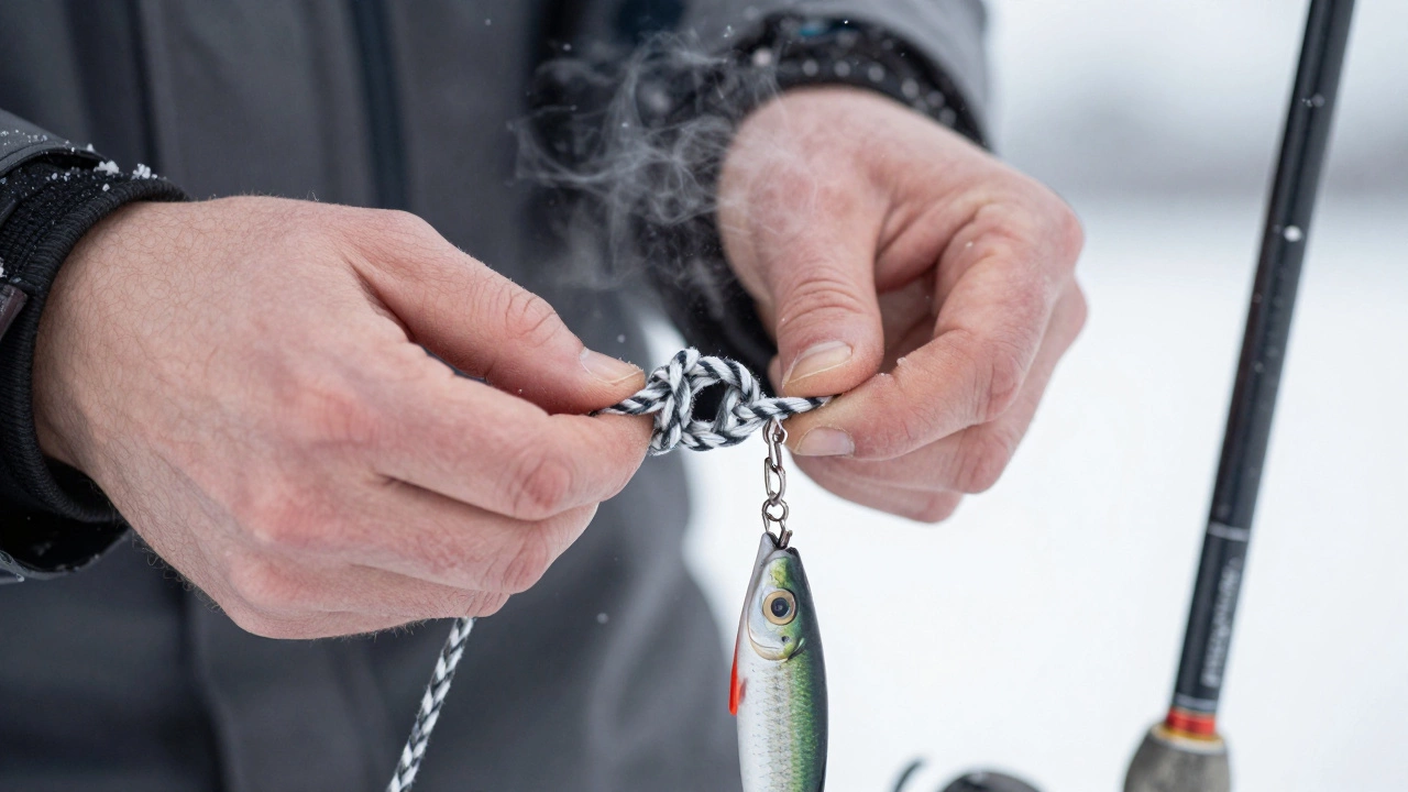 Руки рыбака завязывают узел восьмерка на зимней леске под снегом.