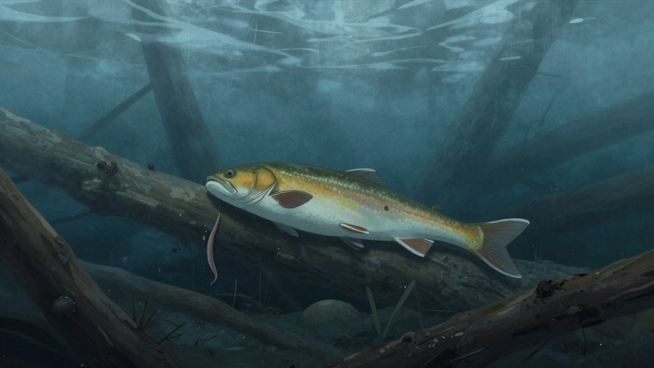 Рыба на дне глубокого озера, покоится среди подводных коряг, рядом медленно падает мотыль.