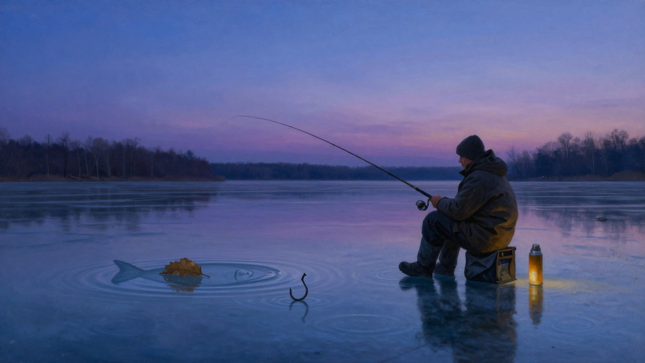 Рыбак на замерзшем озере при закате, его отражение в льду, вокруг — символы рыбалки.
