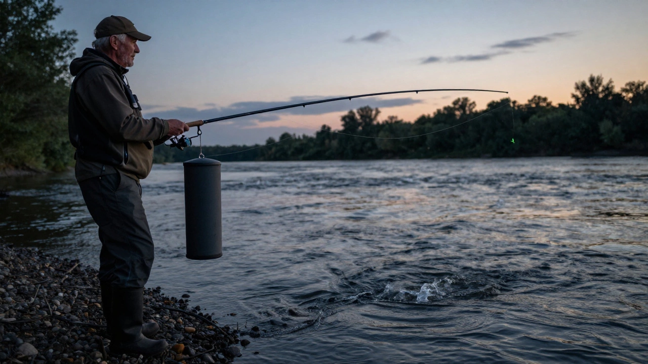 Рыбак с фидером на течении реки вечером.